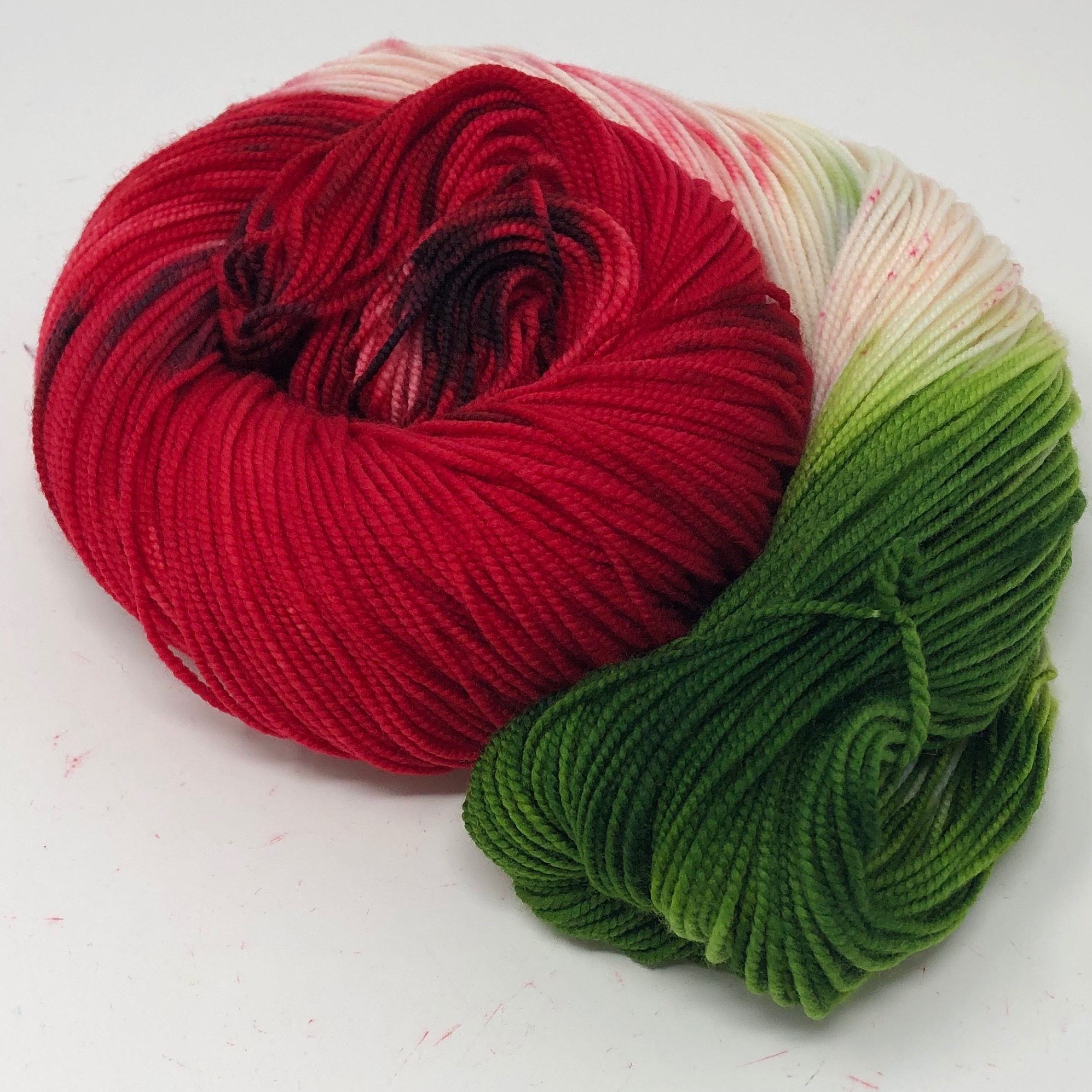 A skein of our Seed Spitting Contest, the colorway we created to celebrate National Watermelon Day